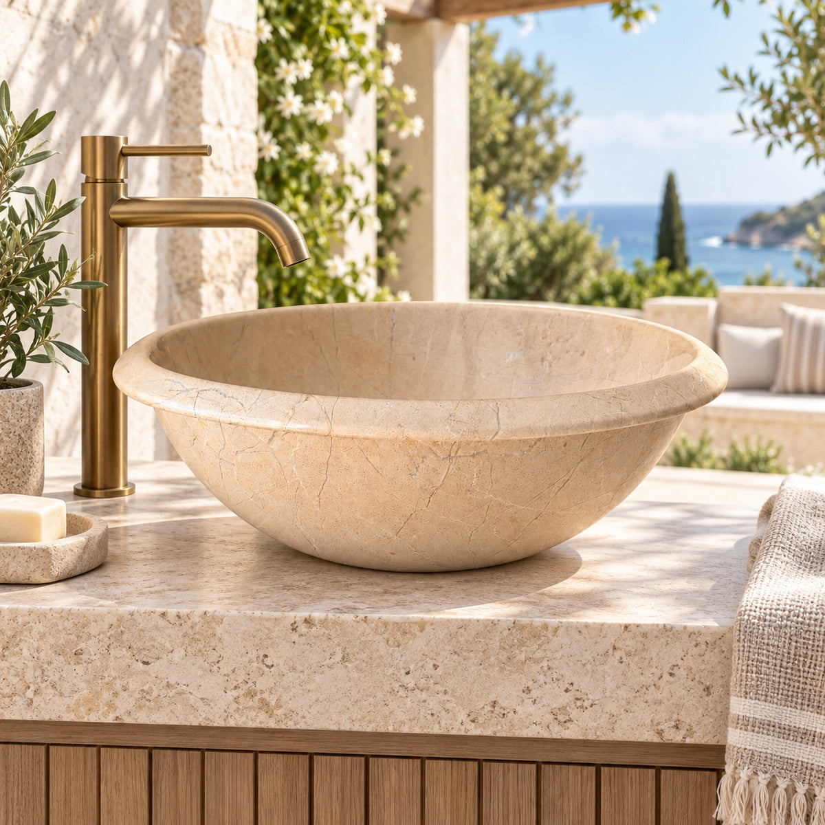 Verona Beige Marble Vessel Sink — Rolled Lip Bowl Sink, 16"×16"×6"