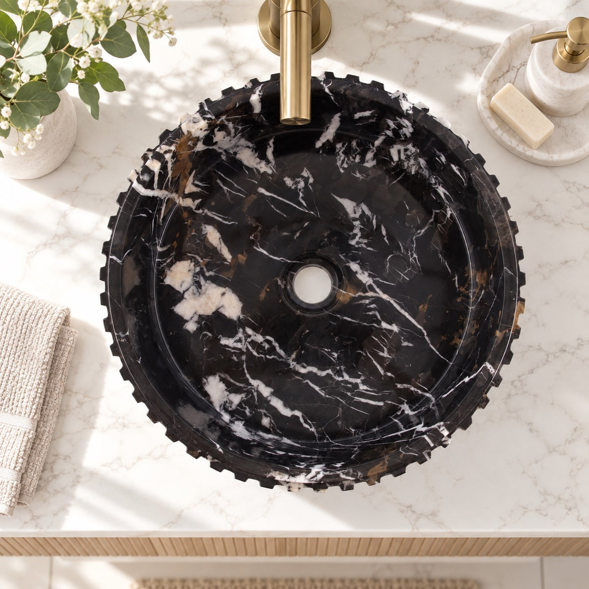 Michelangelo Marble Fluted Vessel Sink — Round Bowl Sink, 16"×16"×5"