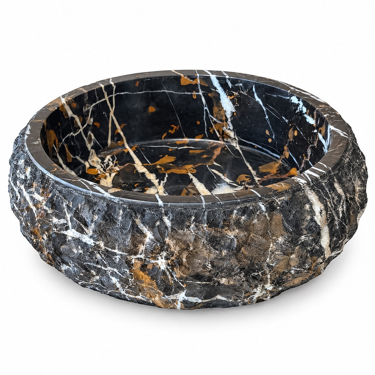 Rustic Round Stone Sink – Michelangelo Marble, Hand-Chiseled Exterior