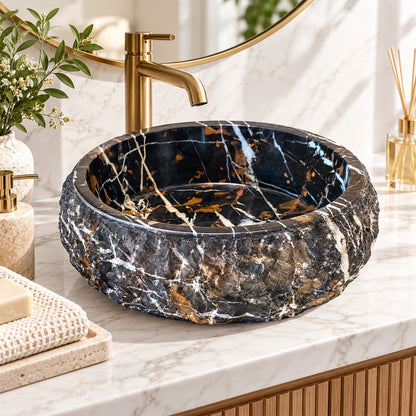 Rustic Round Stone Sink – Michelangelo Marble, Hand-Chiseled Exterior