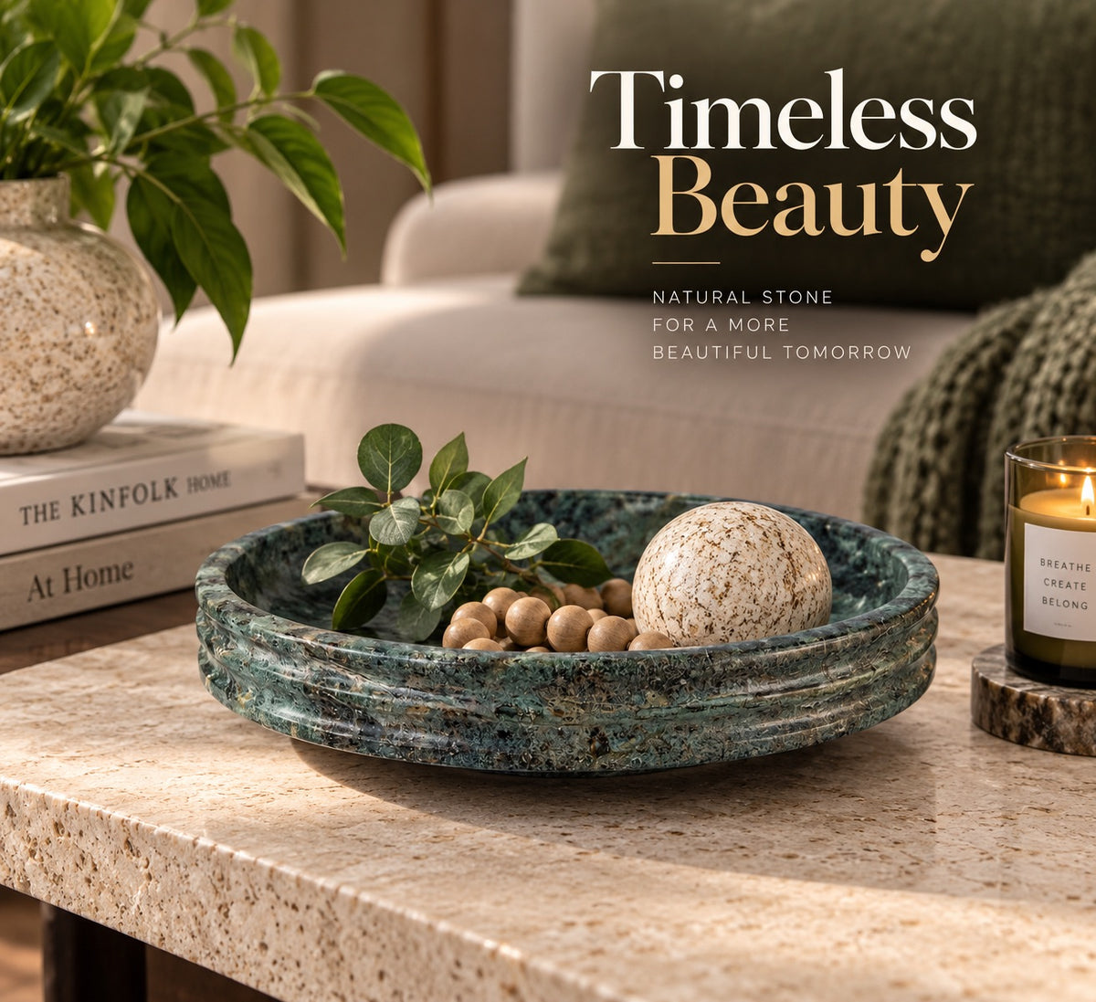 Ring Design Forest Green Marble Bowl | Handcrafted Grooved Stone Bowl