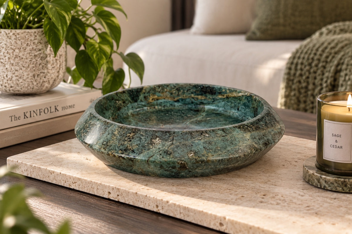 Cove Bowl in Forest Green Marble | Handcrafted Sculptural Stone Bowl