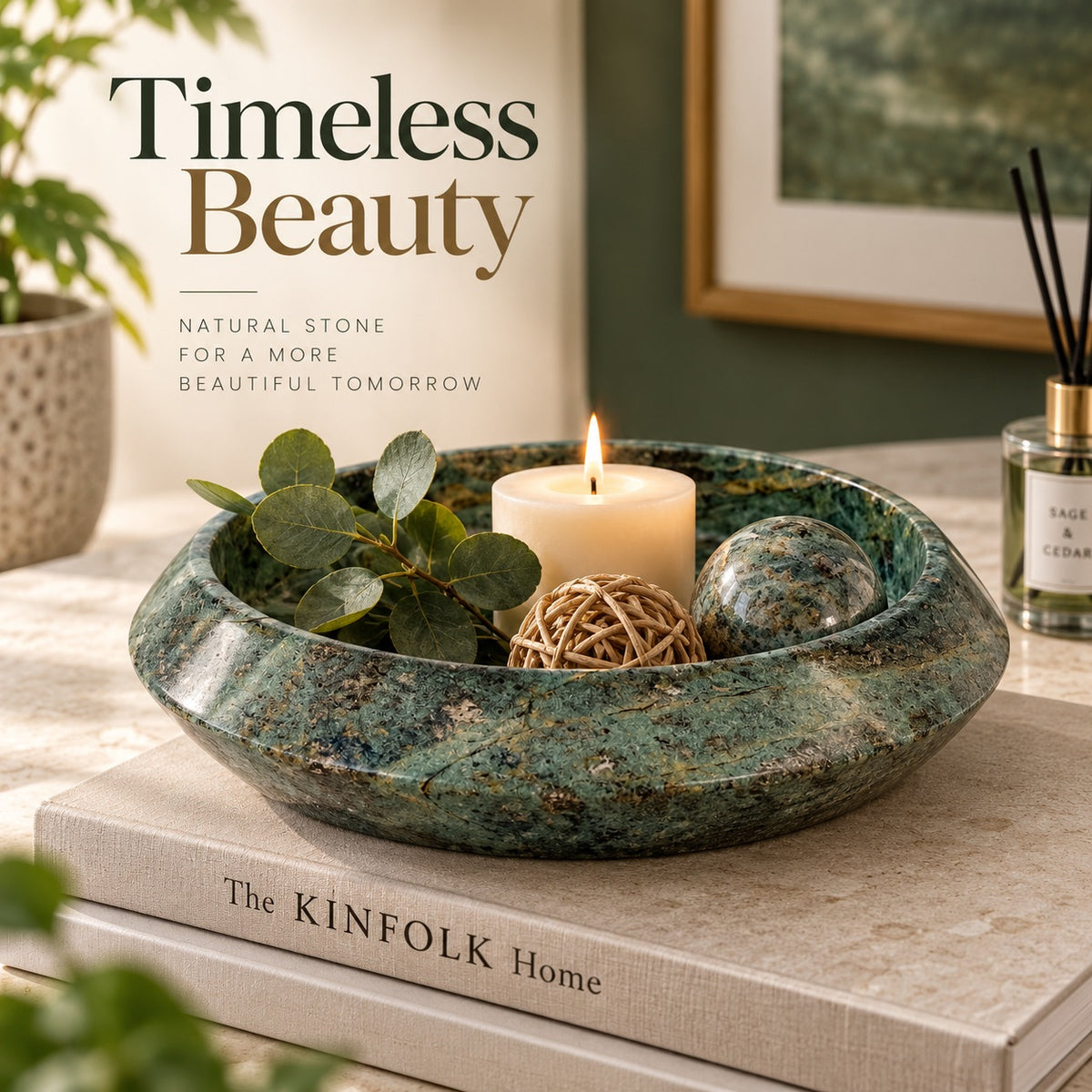 Cove Bowl in Forest Green Marble | Handcrafted Sculptural Stone Bowl