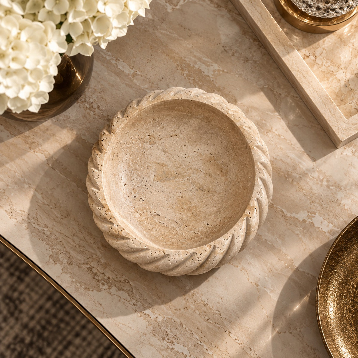 Travertine Spiral Bowl | Handcrafted Decorative Stone Bowl