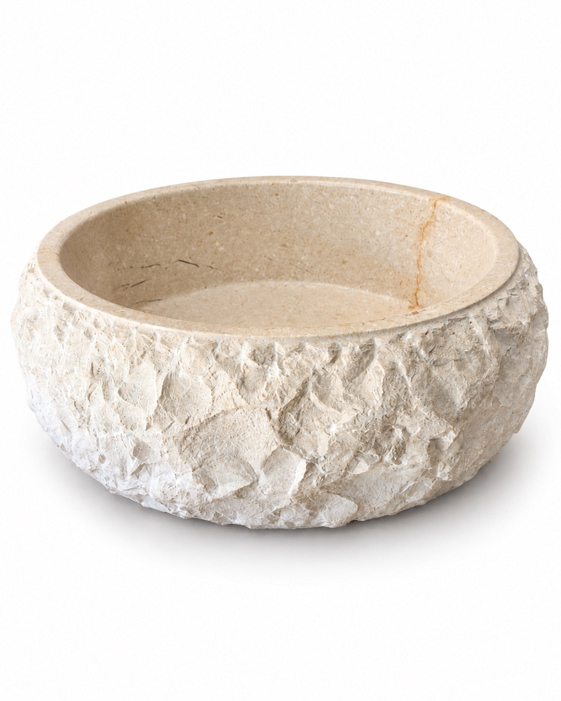 Rustic Round Stone Sink – Botticino Marble, Hand-Chiseled Exterior