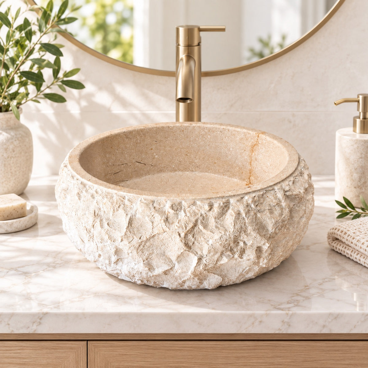 Rustic Round Stone Sink – Botticino Marble, Hand-Chiseled Exterior