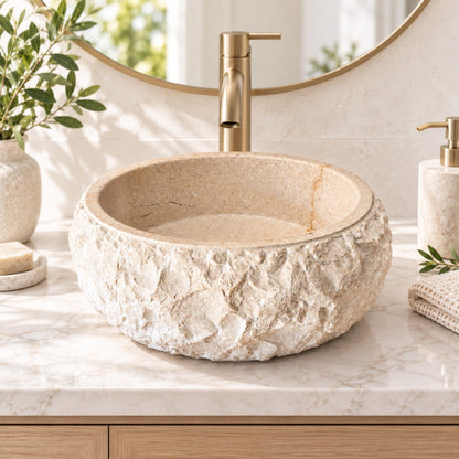 Rustic Round Stone Sink – Botticino Marble, Hand-Chiseled Exterior