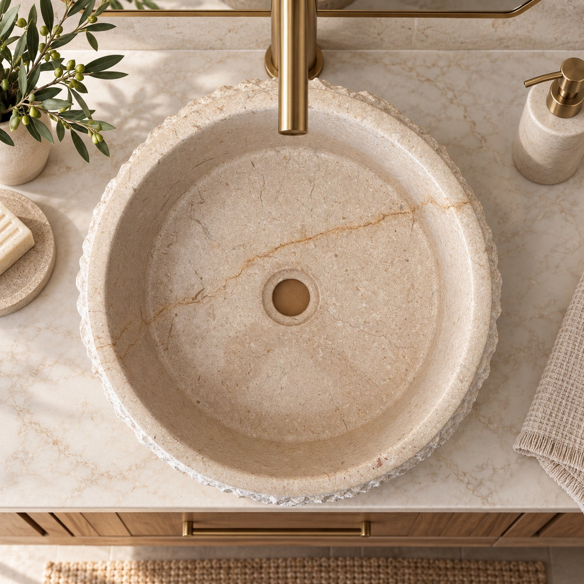 Rustic Round Stone Sink – Botticino Marble, Hand-Chiseled Exterior