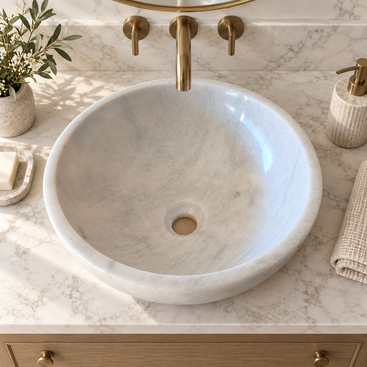 White Marble Vessel Sink — Natural Stone Bowl Sink, 16"