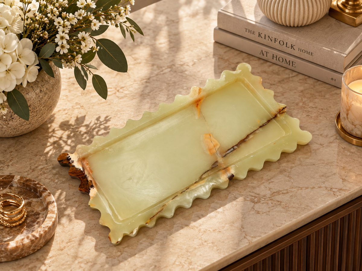 Green Onyx Scalloped Tray | Handcrafted Decorative Stone Tray