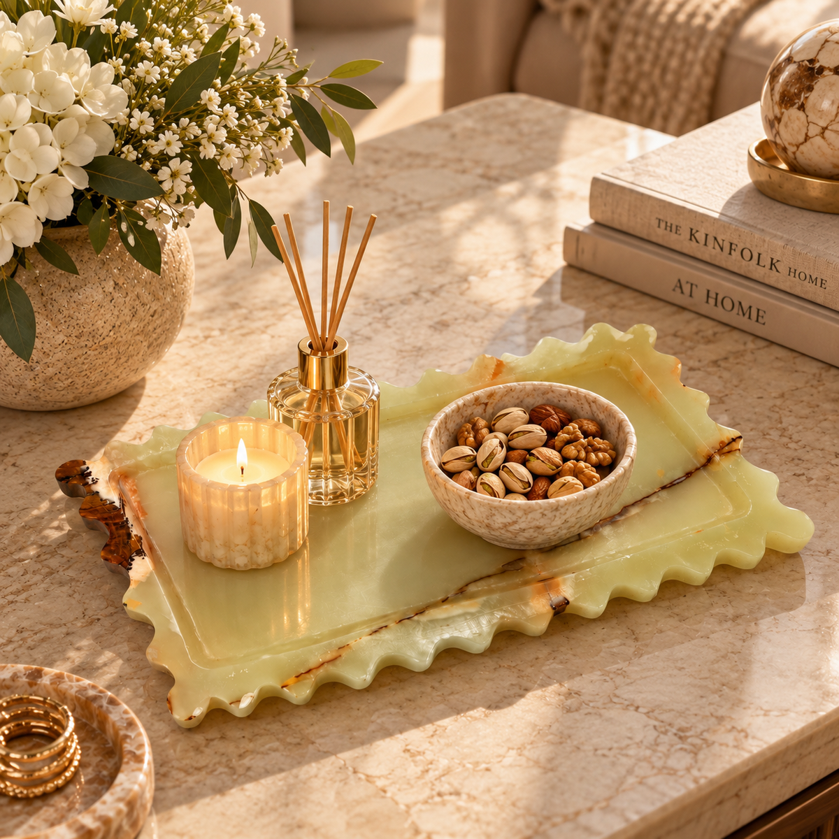 Green Onyx Scalloped Tray | Handcrafted Decorative Stone Tray