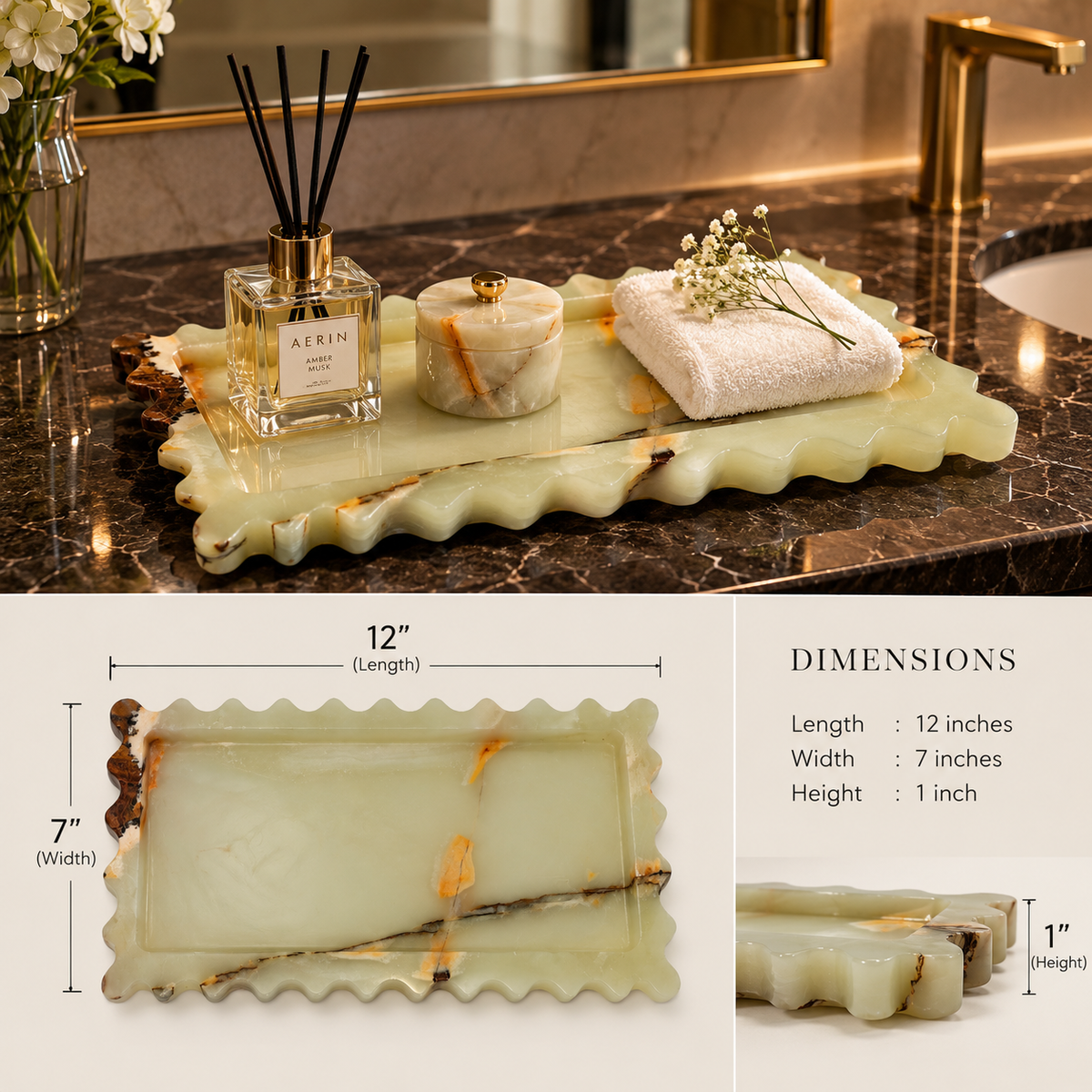 Green Onyx Scalloped Tray | Handcrafted Decorative Stone Tray