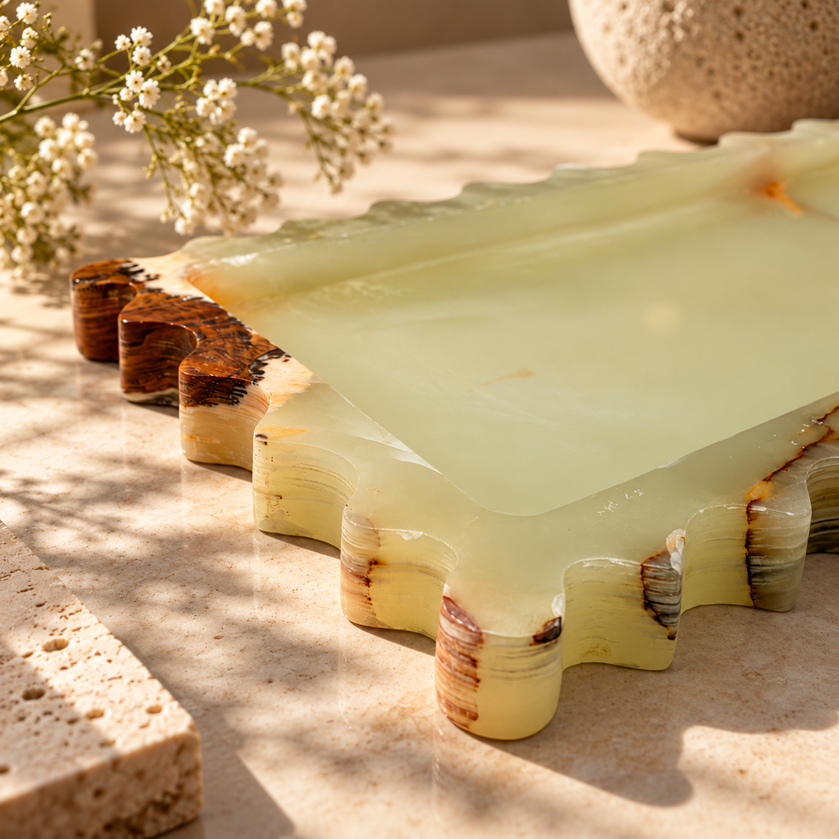 Green Onyx Scalloped Tray | Handcrafted Decorative Stone Tray
