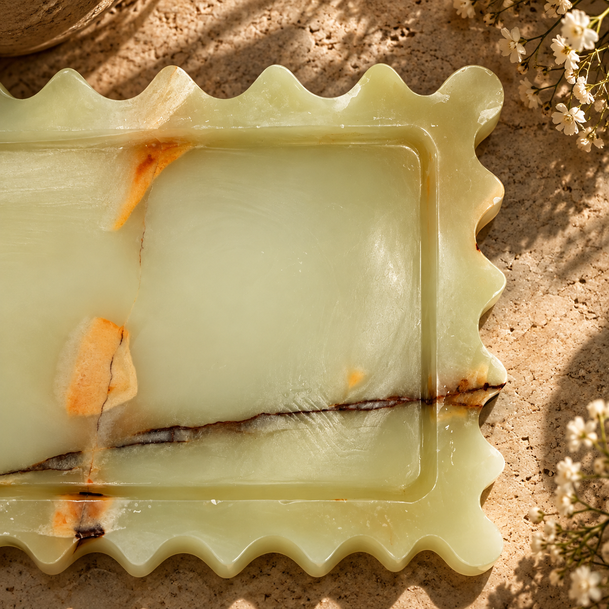 Green Onyx Scalloped Tray | Handcrafted Decorative Stone Tray