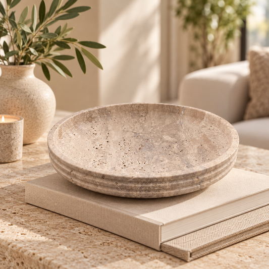 Ring Design Travertine Bowl | Handcrafted Grooved Stone Bowl