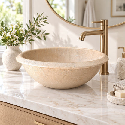 Verona Beige Marble Vessel Sink — Rolled Lip Bowl Sink, 16"×16"×6"