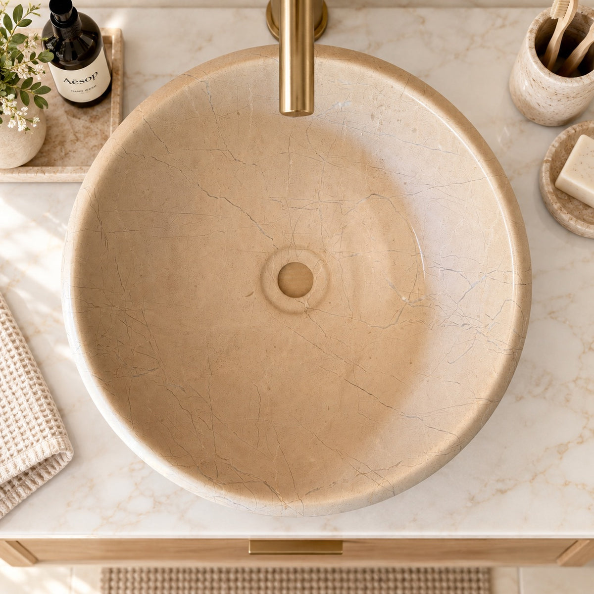 Verona Beige Marble Vessel Sink — Rolled Lip Bowl Sink, 16"×16"×6"