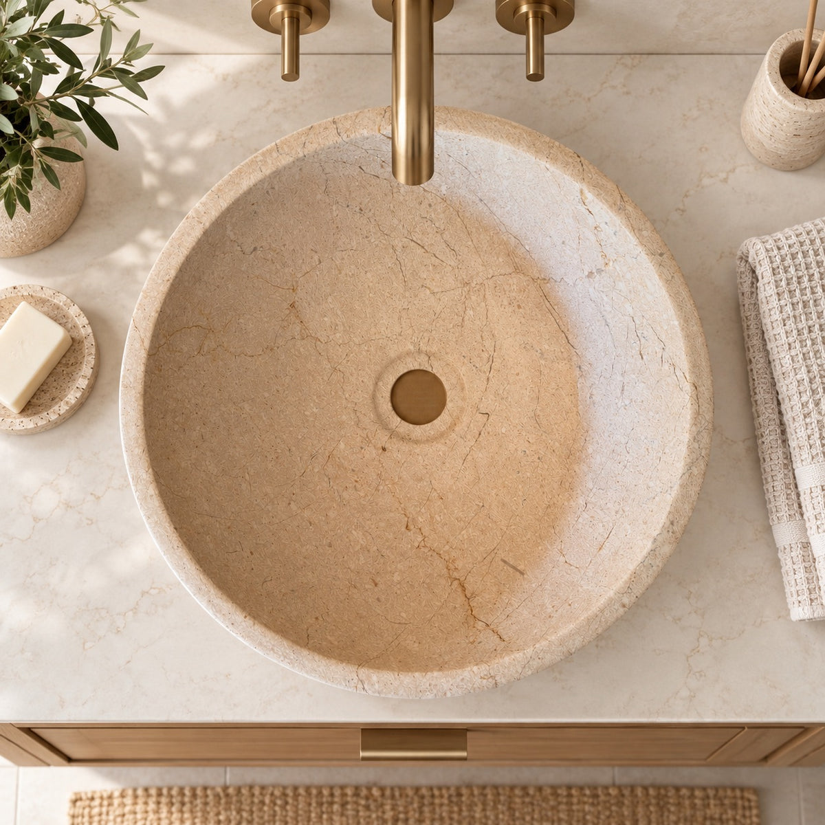 Botticino Cream Marble Vessel Sink — Natural Stone Bowl Sink, 16"