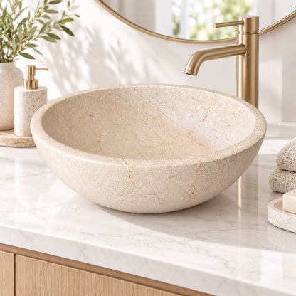Botticino Cream Marble Vessel Sink — Natural Stone Bowl Sink, 16"