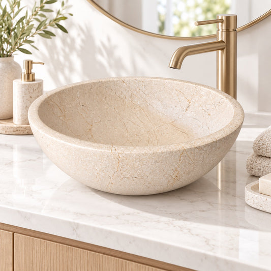 Botticino Cream Marble Vessel Sink — Natural Stone Bowl Sink, 16"