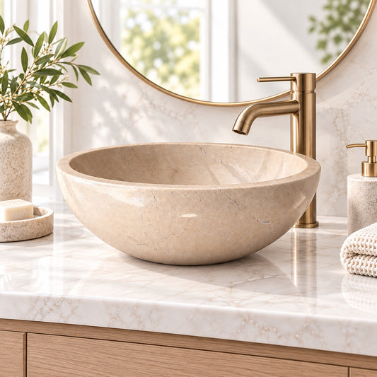 Verona Beige Marble Vessel Sink — Natural Stone Bowl Sink, 16"×16"×5"