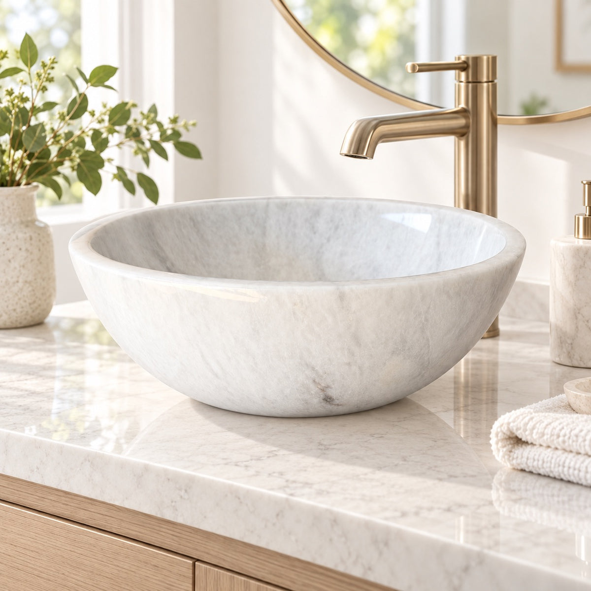 White Marble Vessel Sink — Natural Stone Bowl Sink, 16"