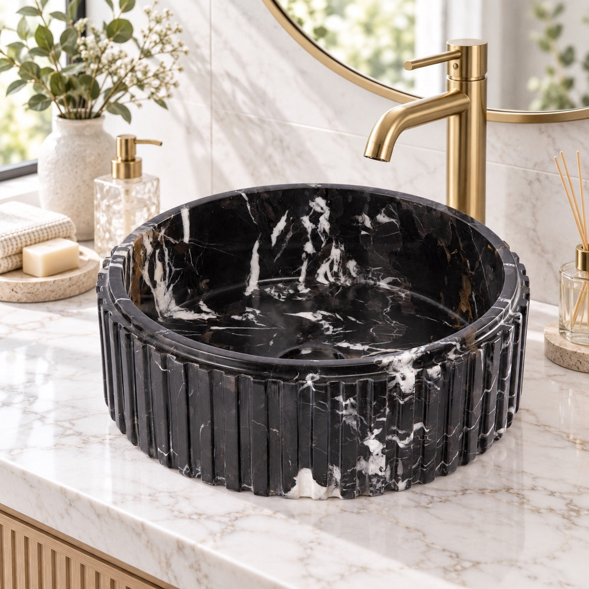 Michelangelo marble fluted vessel sink with black and white veining on bathroom vanity