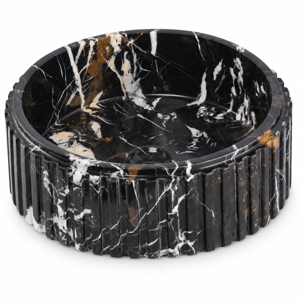 Michelangelo marble fluted vessel sink with black and white veining on bathroom vanity