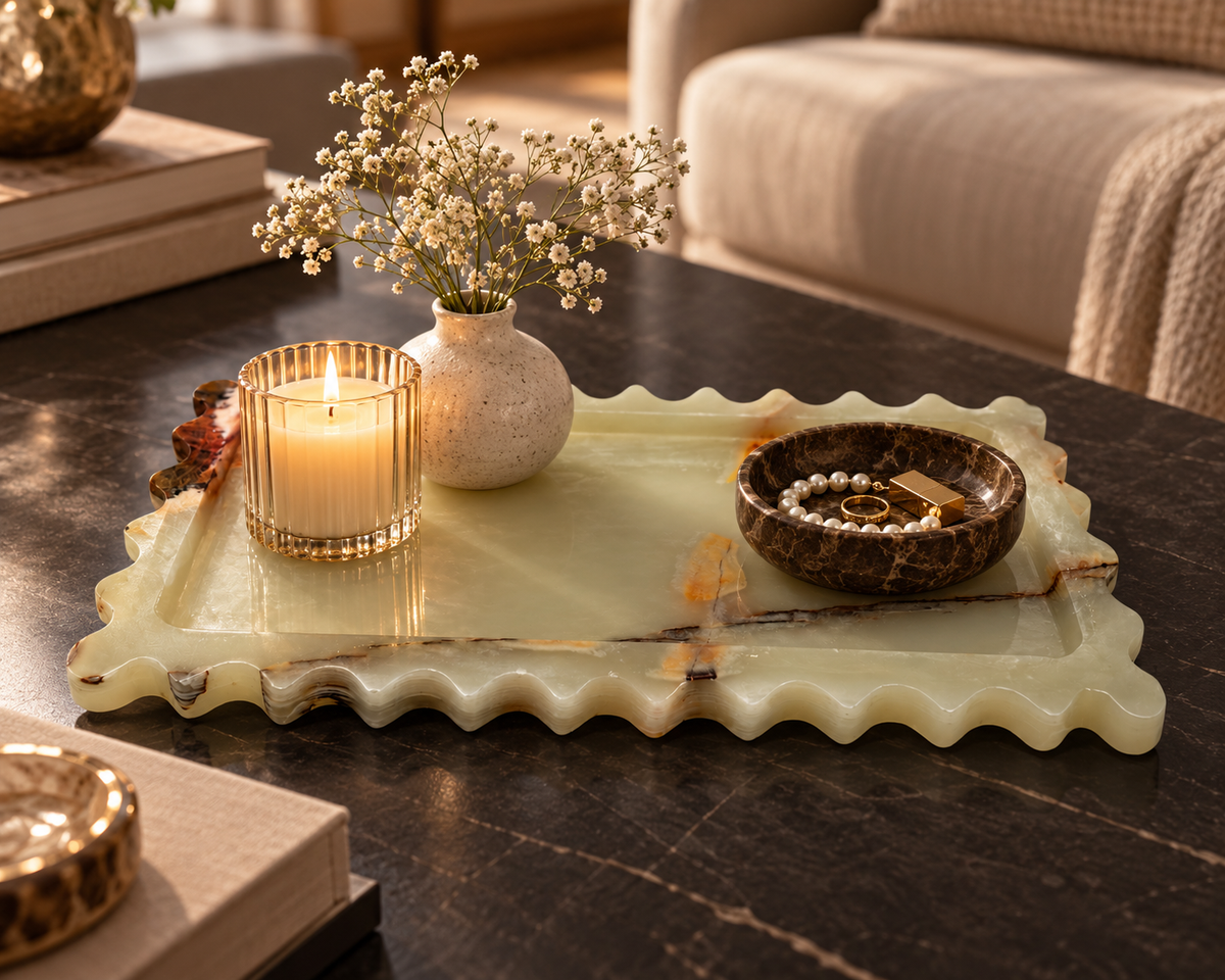 Green Onyx Scalloped Tray | Handcrafted Decorative Stone Tray