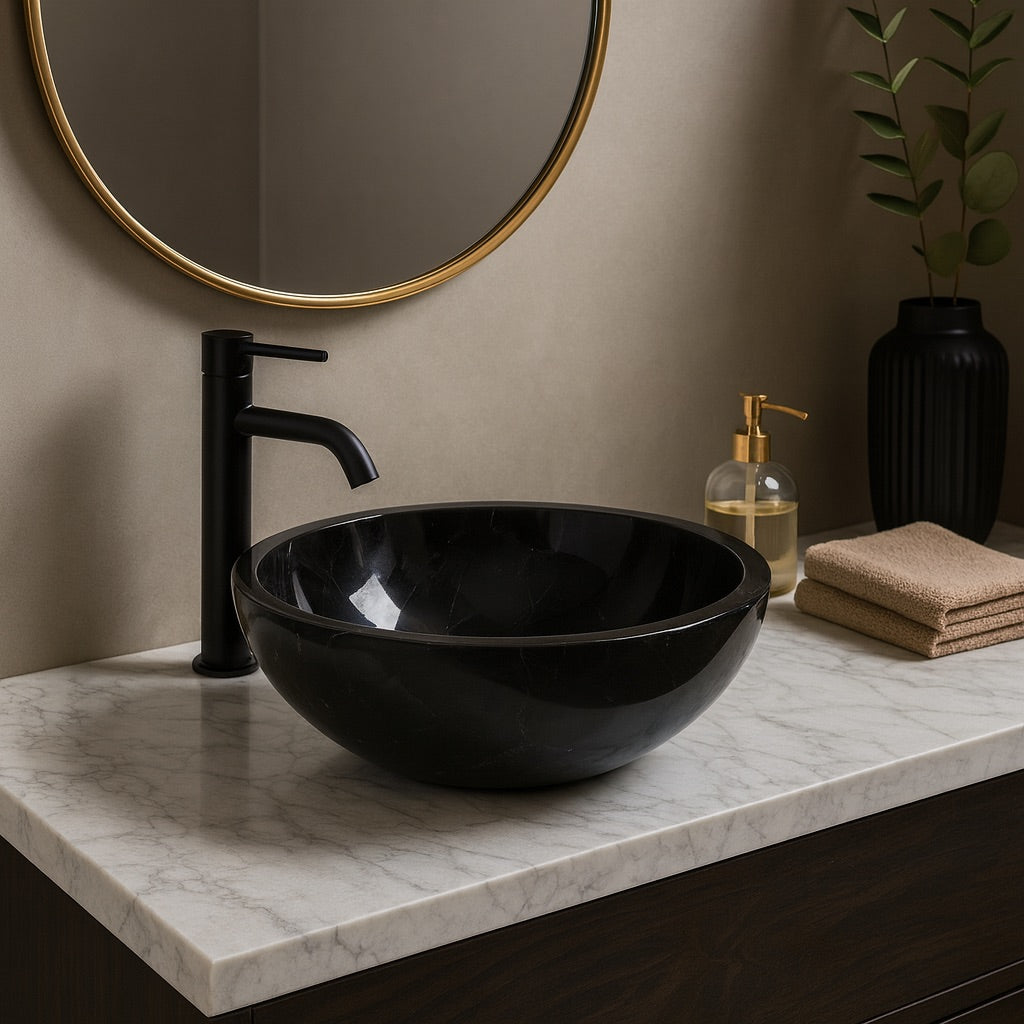 Bathroom vanity with black sink