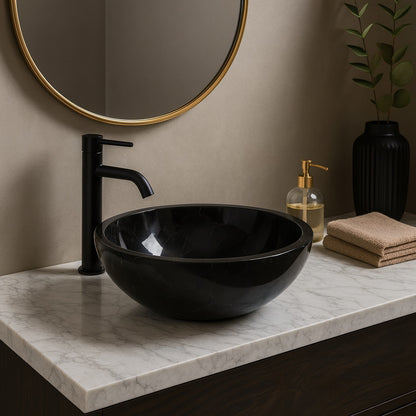 Bathroom vanity with black sink
