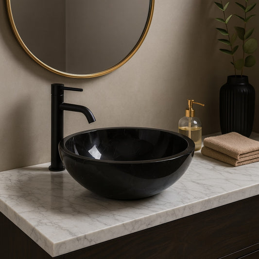 Bathroom vanity with black sink